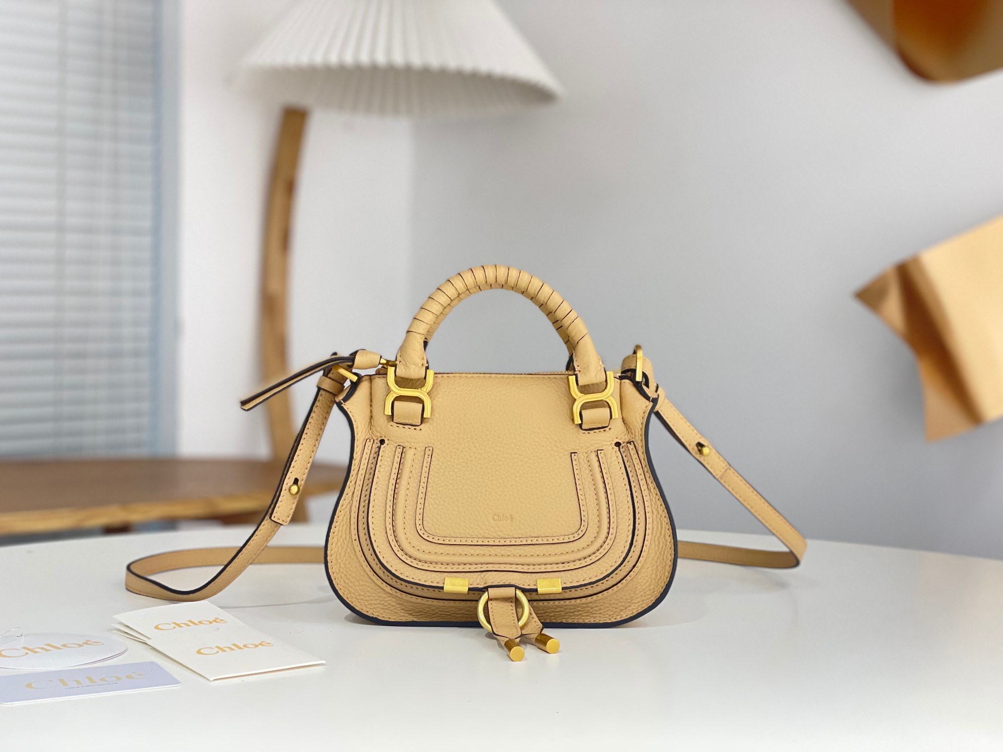 Chloe Mini Marcie Bag In Milky Brown Grained Leather